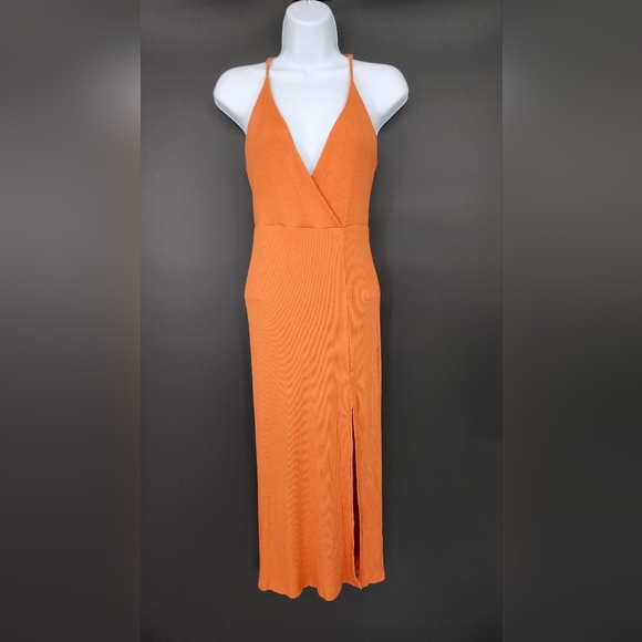 Rust Orange Womens Ribbed Slip Dress Size M Racerback Slinky Coquette Strappy - Picture 1 of 6